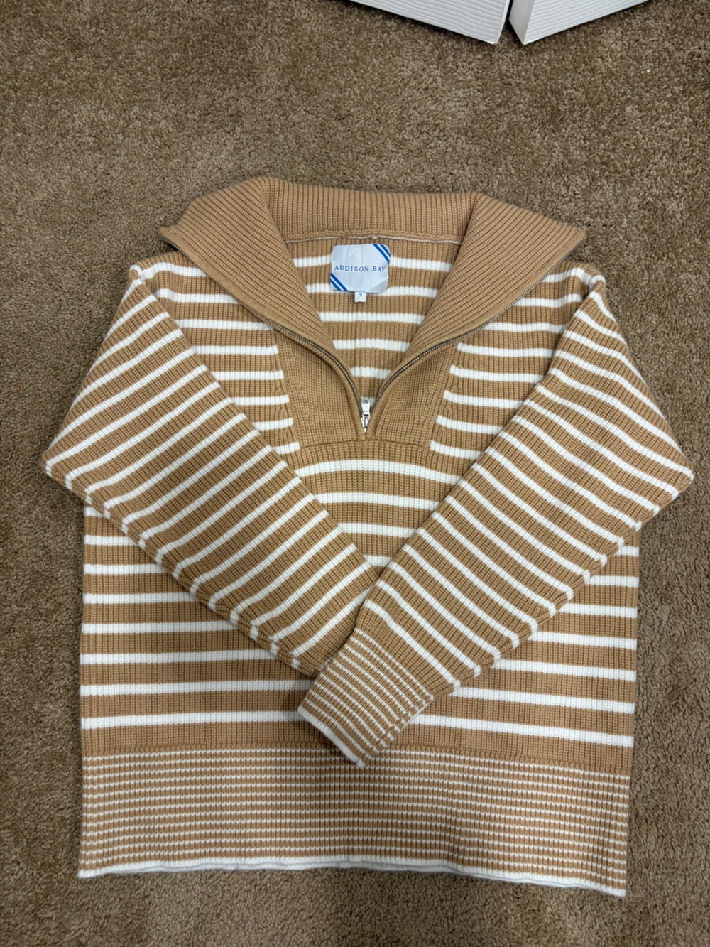 Addison Bay Tan and White Striped Zip Mock-Collar Sweater